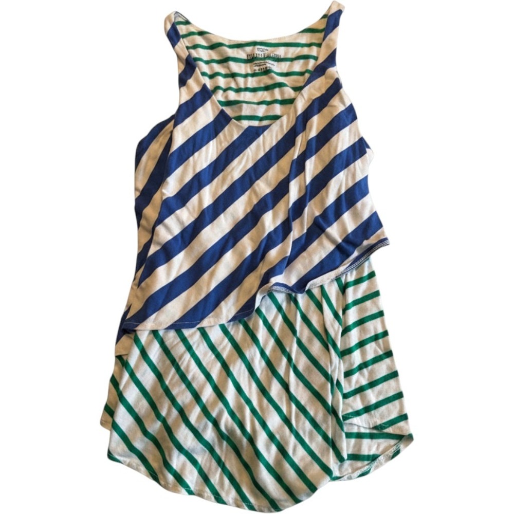 Faded Glory Womens XL Blue Green Striped Layered Sleeveless Tank Top Scoop Neck